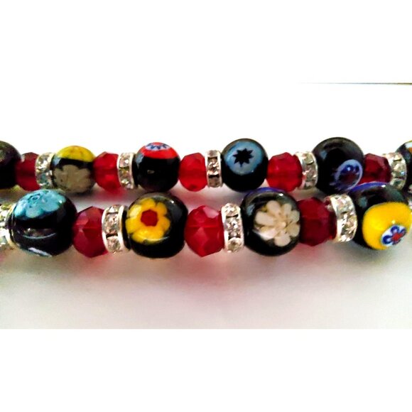 Multicolor Millefiori & Red Crystal Beaded Necklace With Rhinestone Spacers And - Picture 3 of 6